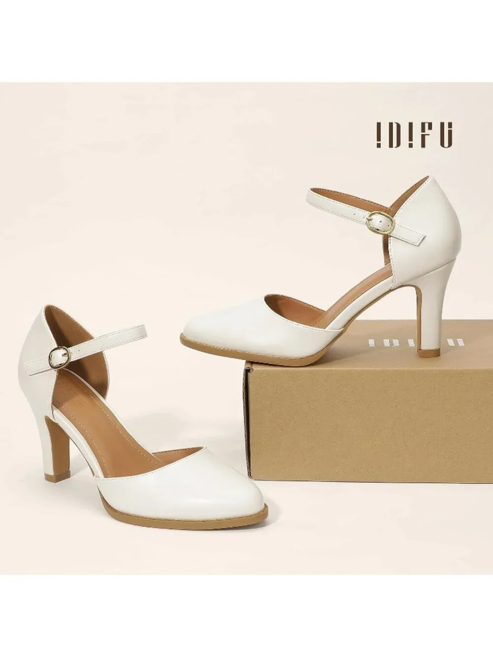Women's White Pu Closed Toe Chunky High Heel Comfortable Party Dress Pumps Shoes